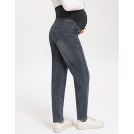 Yornobly Women's Maternity Boyfriend Jeans Over Belly Stretch Denim Pregnancy Trendy Pants(Black Large)