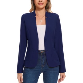 MINTLIMIT Women's Work Blazer 2-Button Patch Pockets Notch Collarless Lightweight Cotton & Tencel Ideal for Spring & Summer Casual to Formal Wear (Navy Blue XXL)