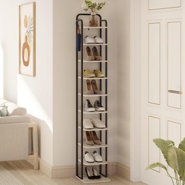 Hzuaneri Vertical Shoe Rack, Shoe Shelves, Wood Shoe Organizer for Closet, Entryway, Shoe Tower for Small Spaces, Free Standing, Adjustable, with 2 Hooks, 10 Tier Greige SR11205B