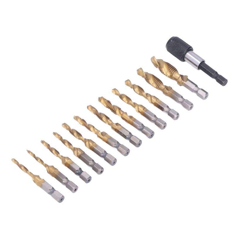 13Pcs/Set Combination Drill Tap High Speed Steel Titanium Plated Hex