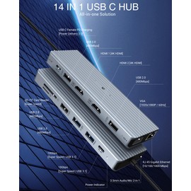 USB C Hub Multiport Adapter, TOTU USB C Docking Station, 14 in 1 USB C Adapter with 2 * 4K HDMI, VGA, USB A 3.1, USB C 3.1, 4*USB A 2.0, Gigabit Ethernet, SD&TF, 100W PD, 3.5MM Jack