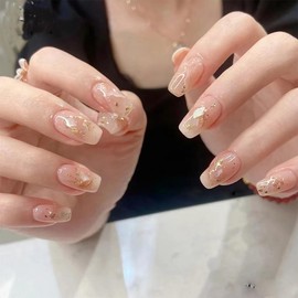 Red Press on Nails Medium Nails Press on Square Nails for Women,Red Fake Nails for Girls Solid Color Glue on Nails 24 PCS (Pink, Long Length)