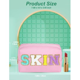 GINOYA Preppy Makeup Bag, 2pcs Synthetic Leather Patch Cosmetic Bags Toiletry Bag with Skin Hair Chenille Letter for Travel (Pink, Cream)