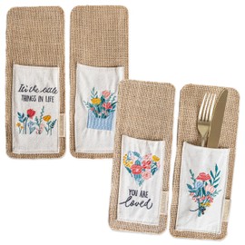 Papierdrachen 4 Jute Cutlery Bags with Floral Embroidery and Inspirational Messages, 10 cm x 26.5 cm, Sustainable & Stylish, Spring Decoration Set 1, 080-014-001