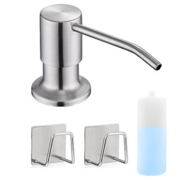 Sink Soap Dispenser Pump with 2 Sponge Holders, Curovtrp Soap Dispenser for Kitchen Sink Stainless Steel Pump Head (Plastic Built in) Refill from The Top, 12OZ Soap Bottle, Brushed Nickel