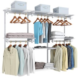 Tangkula 4 to 6 FT Custom Closet System, Wall Mounted With Hanging Rod, Metal Storage Organizer Rack Wardrobe With Shelves, Adjustable Kit for Bedroom