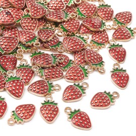 KitBeads 100pcs Enamel Strawberry Charms Alloy Kawaii Food Mini Fruit Chartms Vintage Titanium Red Strawberry Charms for Jewelry Making Bulk