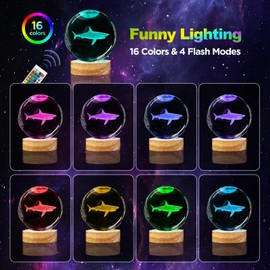 Oriamde 3D Shark Crystal Ball Night Light 3.15 inch Shark Glass Ball Lamp with 16 Color Wooden Base and Remote Shark Figurines Room Decor Shark Gifts for Shark Lovers Boys Girls