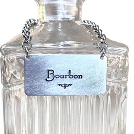 Individual Liquor Alcohol Bottle Decanter Label (1) Tag, Choose From 7 Hand-Stamped Silver-Color Aluminum on Chain, 1"X2" Decorative Victorian Rococo Gift Ideas for Men, Home Bar Decor (Bourbon)