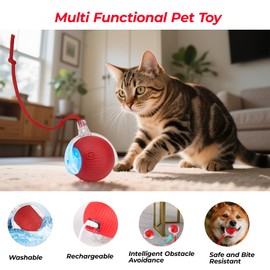 Petayouj Interactive Cat Toys Ball - 2025 New Gen with 360° Auto-Rotation Smart Obstacle Avoidance & Auto Wake-Up,Includes 1 Speedy Tail 2.0 Ropes, Ideal Kitten Toys for Bored Indoor Cats (Red)