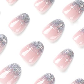 24 Sparkling Short Oval False Nails, Silver Glitter Tips and Nude Pink Press Ons for Easy, Removable, Full Cover Nails, Perfect for Women Nail Art Accessories