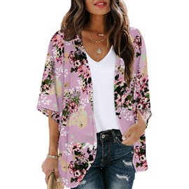 Chunoy Women Casual Floral Short Puff Sleeve Chiffon Kimono Cardigan Beach Wear Shawl Blouse Top Pink Small