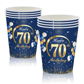 MORAINJAY 70th Birthday Paper Cups, Pack of 16 Blue with Gold for Man Woman, 9oz/250ml Party Decoration