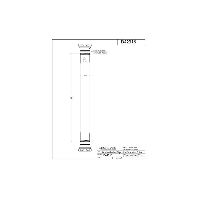 Westbrass D42316-26 1-1/2" x 16" Double Ended Slip-Joint Extension Tube,