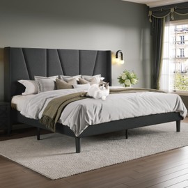 Allewie Queen Size Platform Bed Frame with Geometric Wingback Headboard, Modern Upholstered Bed with Wooden Slats Support, No Box Spring Needed, Easy Assembly, Dark Grey