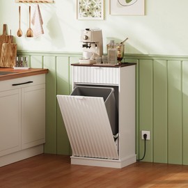 WLIVE 10.5 Gallon Tilt Out Trash Can Cabinet, Hidden Trash Can Cabinet with 2 AC+ USB Outlets, Storage Drawer, Food/Clothes Storage Pet Proof Kitchen Trash bin Cabinet for Home, Launday (White)