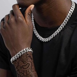 richhut 18k Yellow/White Gold Diamond Cuban Link Necklace Bracelet Set - Miami Iced Out, Exquisite Hip Hop Jewelry with Bling for Men & Women