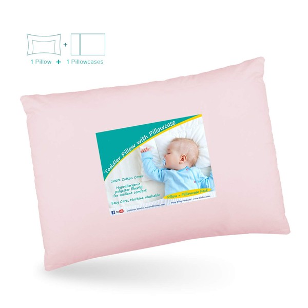 SPRINGSPIRIT Baby Toddler Pillow for Sleeping, Cot Pillow with Pillowcase for Girls, 46 x 33cm, Breathable, Soft, 100% Natural Cotton Shell for Cot Bed, Pink