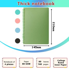 4 Pack Spiral Notebook, A5 4 Colors 80 Sheets/160 Pages Hardcover Spiral Journal and Notebook, Cute College Ruled Journals for Studying, Note Taking Journals, Office School Supplies Aesthetics