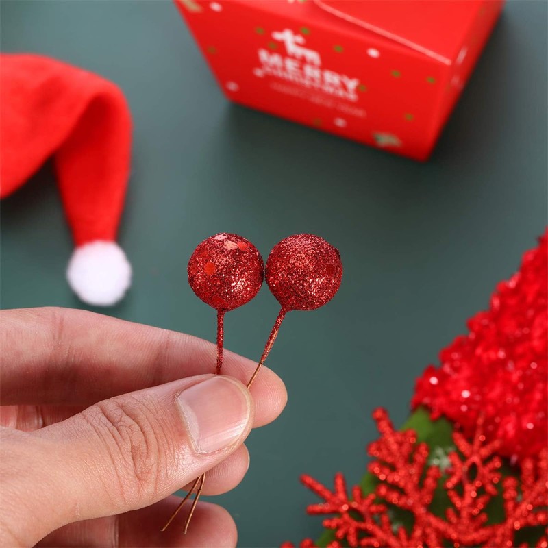 100pcs Christmas Glittering Red Berry Artificial Red Holly Berries,Artificial Fruits