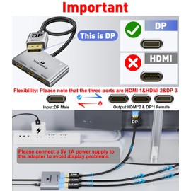 THANDBLE DisplayPort to Dual HDMI with DP Adapter (4K@60Hz) Extended Display 1 in 3 Out MST Hub for Multiple Monitors Compatible for Graphics Card, PC, NVIDIA, AMD