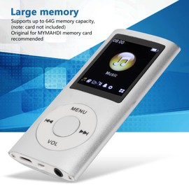 MP3 Player/MP4 Player,MP4 Music Player with Earphones,Classic Digital 1.8 Inch LCD Screen,Support 64G Memory Card,8h Playtime,Random Play & Sleep Shutdown(Silver)