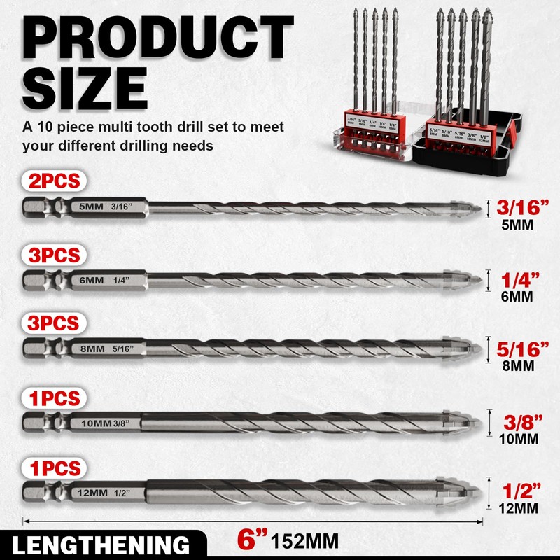 6 Inch (152mm) Extra-Length Serrated Masonry Drill Bit Set -