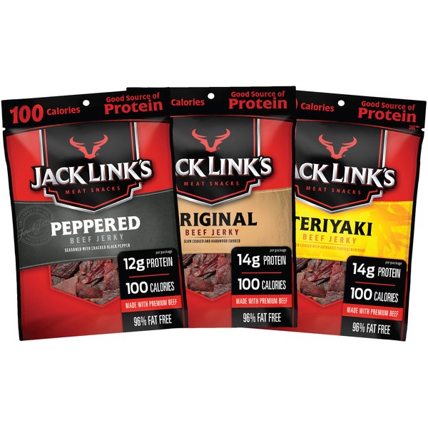 Jack Link's Beef Jerky Variety Pack - Includes Original, Teriyaki, and Peppered Beef Jerky, Great for Lunch Boxes, Good Source of Protein - 96% Fat Free, No Added MSG** - 1.25 oz (Pack of 15)