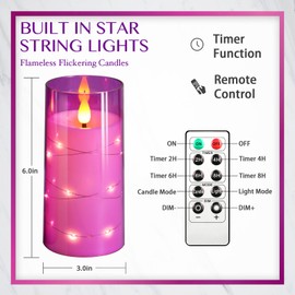 NURADA 3"x6"Flickering Flameless Candles: Built-in Star String Lights 3D Wick Unbreakable Glass Battery Operated LED Pillar Candles - Acrylic Battery Candles with Remote and Timer, Purple