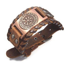 Gungneer Norse Viking Compass Vegvisir Fenrir Wolf Tree Of Life Yggdrasil Valknut Brown Leather Bracelet Viking Cuff Bangle