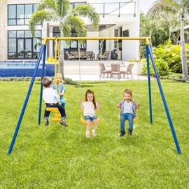 HONEY JOY Swing Sets for Backyard, Heavy Duty Metal A-Frame Swing Stand w/ 2 Belt Swings & Glider, Ground Stakes, Playground Swingset Outdoor for Kids, Swing Set for Toddlers 3-12