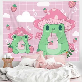 Bzhilja Frog Mushroom Strawberry Tapestry, pink cute room decor Aesthetic Wall Hanging Bedding Aesthetic Tapestry, Room Decor for Girls Bedroom Funny Living Room Home Decor (60ʺ x 40ʺ, Pink)