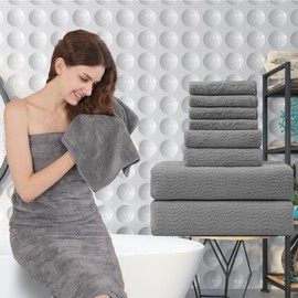 Junsey Grey Bath Towels Set of 8, Bathroom Towel Quick Dry Textured,2 Oversized Shower Towels Large/2 Hand Towels/4 Washcloths, Ultra Soft Microfiber Absorbent Bath Sheets for Bathroom Hotel Spa