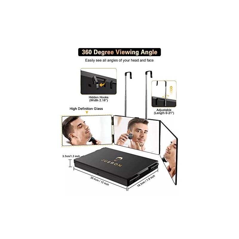 JUSRON Espejo De 3 Vías Para Autocorte De Cabello, 360