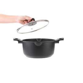 11 Inch Non Stick Pan Casserole Pot with Lid & Pour Spout - Lightweight 6.84 Quart Granite Coated Soup Pot Comfort Grip Handle - Induction Compatible PFOA Free Non Stick Pots (Black)