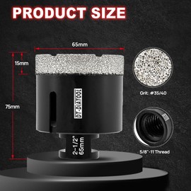 DT-DIATOOL Daimond Core Drill Bit 2-1/2 Inch Vaccum Brazed Hole Saw with 5/8"-11 Thread Drilling for Procelain Tile Ceramic Marble Granite Stone Brick