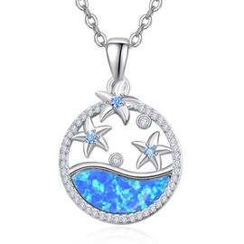 Dreamboat Sterling Silver Starfish Necklace for Women Ocean Necklace Wave Necklace Pendant Blue Opal Necklace Hawaiian Summer Ocean Jewelry Gifts