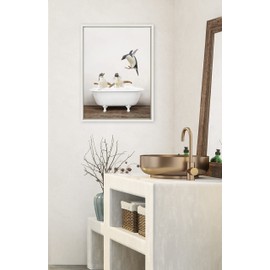Kate and Laurel Sylvie Penguins Playing in Rustic Bath Framed Canvas Wall Art by Amy Peterson Art Studio; 18x24 White; Modern Fun Decorative Bathtub Wall Art for Home Décor
