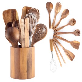 Hanseküche Wooden Kitchen Utensil Set, 5 Pieces, Barbecue Tongs, Whisk, Spatula, Wooden Spoon and Pasta Ladle (Modern, Elegant, 5, Teak)