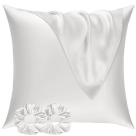 Vielit Satin Pillowcase for Hair and Skin 60x60 2 Pack & 2 Scrunchies, Soft as Silk Pillowcase for Hair and Skin,Easier Care than Silk Pillow Case, White Pillowcases Envelope Gift for Women