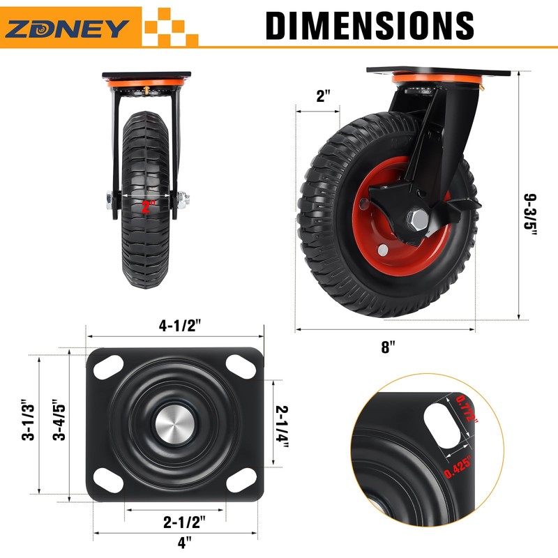 ZDNEY 8"x2" Heavy Duty Casters Set of 4, 3600LBS Capacity