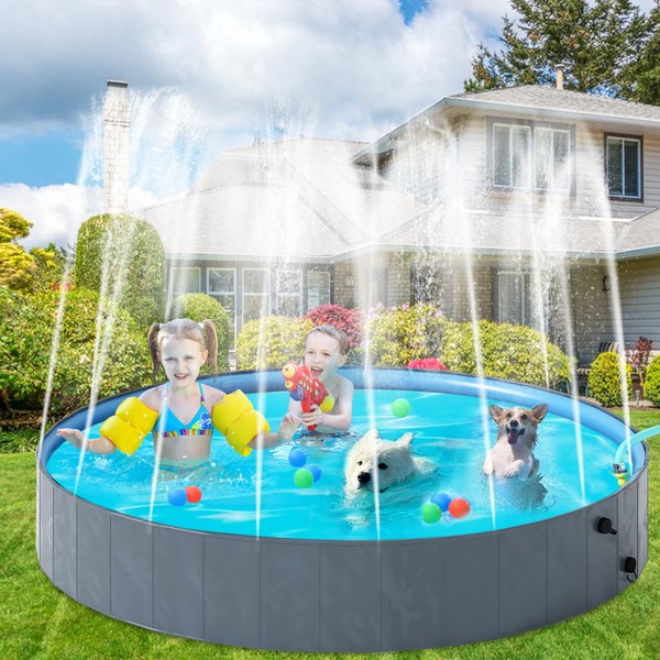 AWQM Foldable Dog Pool with Sprinkler, Outdoor Portable Non-Slip Kiddie