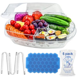 15 Inches Divided Serving Tray with Lid & Ice Tray, Party Platter, Snackle Box Container, Fruit Tray, Veggie Tray, Chilled Platter for Appetizers, Desserts, Cold Food Buffet Server