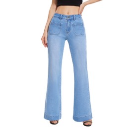 FLYING BANANA Women's Flare High Waisted Bell Bottom Wide Leg Jeans Baggy Stretch Trendy Denim with Pockets (Light Blue, 14 Long)