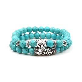 MiniJewelry 2PCS Leopard Panther Turquoise Bracelet for Women Men Elastic Stretch Beaded Blessing Animal Birthday