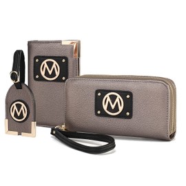 MKF Collection Women's Travel Gift 3 Piece Set - Wristlet Wallet -Passport Holder - Luggage Name Hang Tag, Darla Pewter, Small