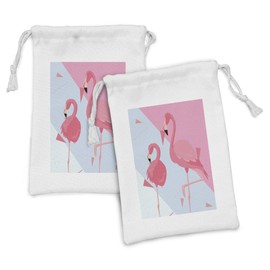 Lunarable Bird Print Fabric Pouch Set of 2, Tropical Long Legged Flamingo Animal Memphis Style, Small Drawstring Bag for Toiletries Masks and Favors, 9" x 6", Dried Rose Dark Seafoam