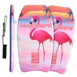 Wham-O 33" Body Board 2 Pack, Lightweight Surfing Board with Phuzion Core, HDPE Slick Bottom, Leash and Adjustable Wrist Leash, Great for Beginners, Kids Ages 5+ and Adults - Flamingo