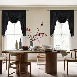 JADE POKE Black Velvet Valance for Living Room, Luxury Waterfall Valances for Windows - Beaded Valance with Tassels for Kitchen Rod Pocket Swag Valance for Bedroom (1 Panel, W39 Inch)