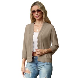 GRECERELLE Women's 3/4 Sleeve Summer Lightweight Knit Cropped Shrugs Cardigan Sweater, Khaki, M